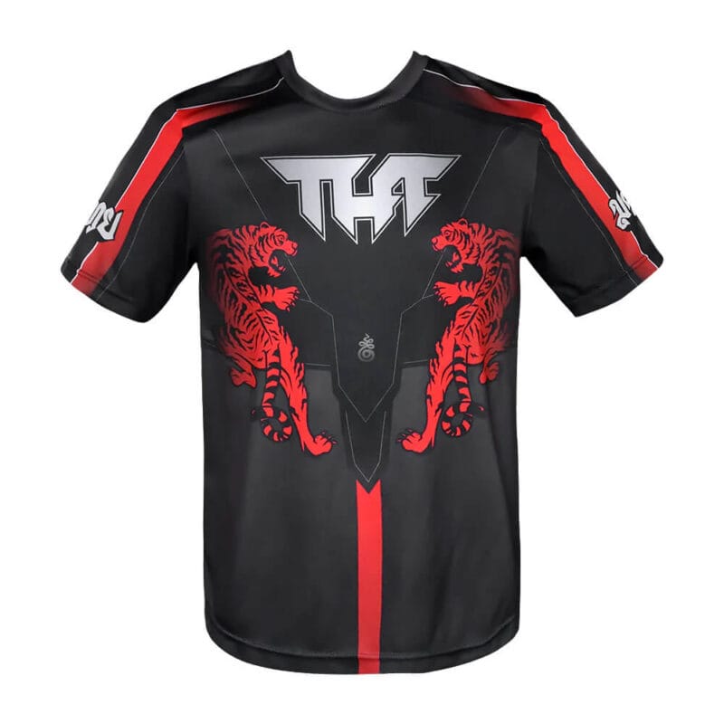 T-shirt Tuff da allenamento Double Tiger Nero/Rosso Dry Tech per allenamenti di Boxe, Kickboxing e Muay Thai. T-shirt con tigre rossa