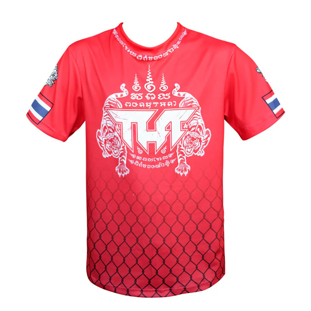 T-shirt Tuff da allenamento Yantra Twin Tigers Rosso Dry Tech per allenamenti di Boxe, Kickboxing e Muay Thai. T-shirt tecnica Muay Thai, Boxe, Kickboxing tigri