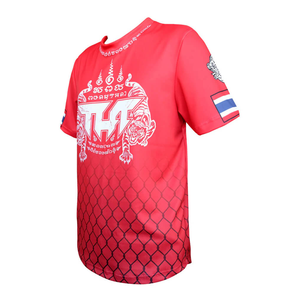T-shirt Tuff da allenamento Yantra Twin Tigers Rosso Dry Tech per allenamenti di Boxe, Kickboxing e Muay Thai. T-shirt tecnica Muay Thai, Boxe, Kickboxing tigri