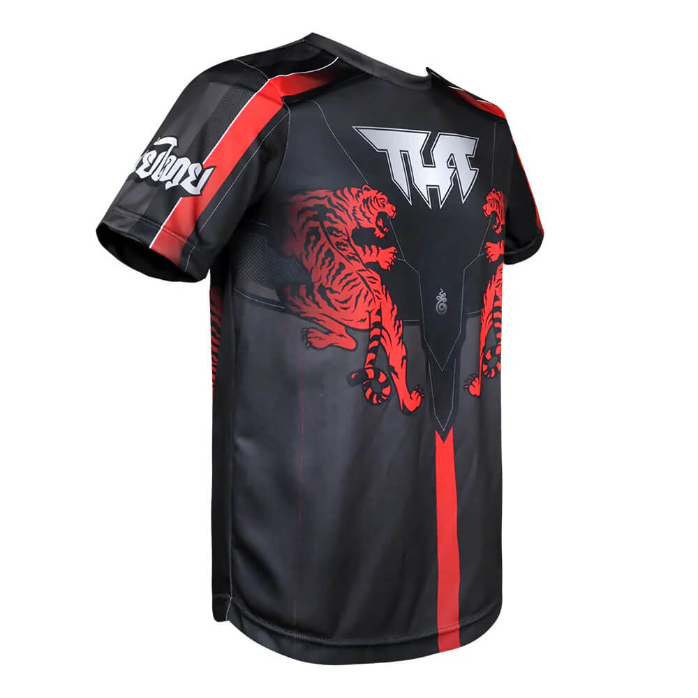 T-shirt Tuff da allenamento Double Tiger Nero/Rosso Dry Tech per allenamenti di Boxe, Kickboxing e Muay Thai. T-shirt con tigre rossa