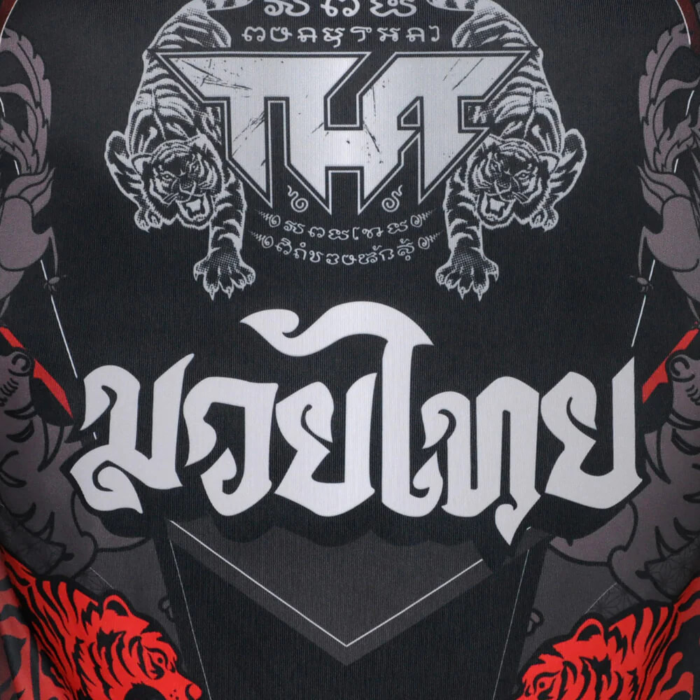 T-shirt Tuff da allenamento Double Tiger Nero/Rosso Dry Tech per allenamenti di Boxe, Kickboxing e Muay Thai. T-shirt con tigre rossa