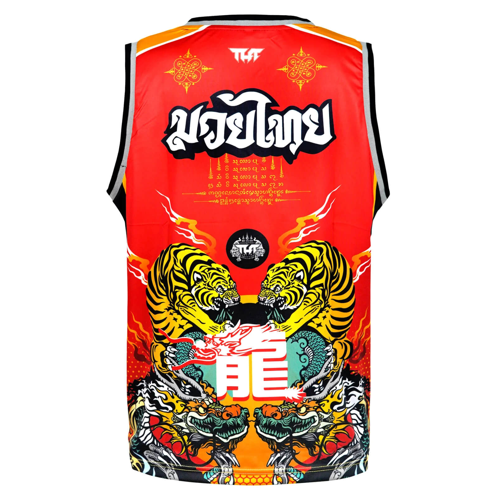T-shirt smanicata Tuff da allenamento Chinese Dragon & Tiger Rosso Dry Tech per allenamenti di Boxe, Kickboxing e Muay Thai. T-shirt smanicata tecnica Muay Thai, Boxe, Kickboxing drago e tigri