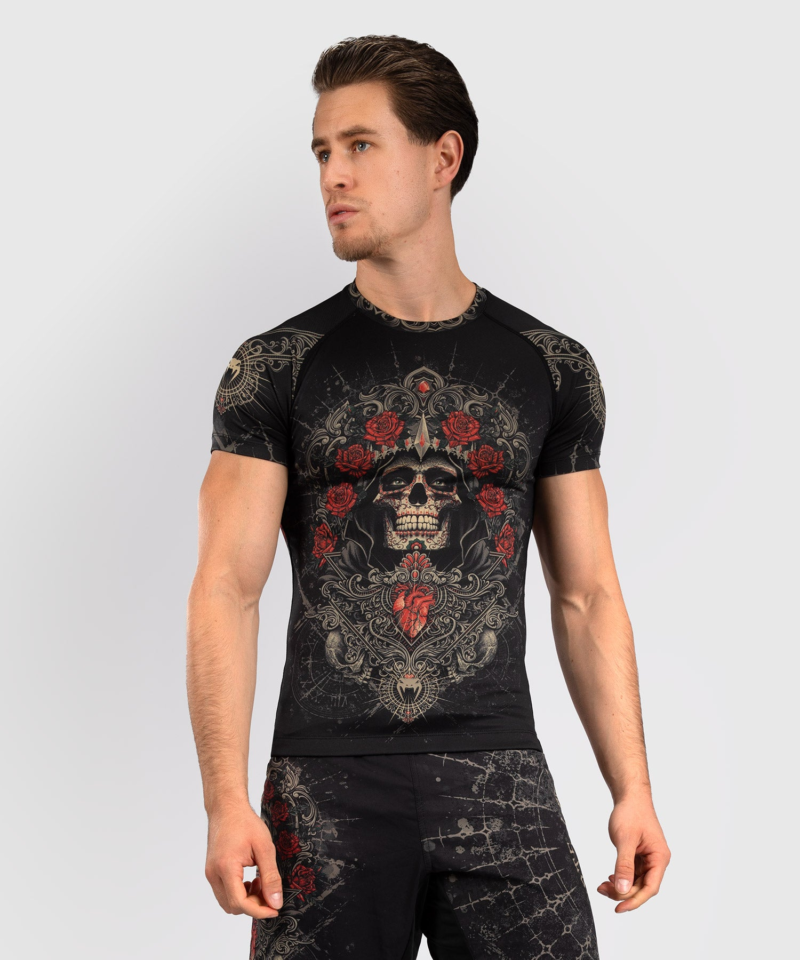 Rashguard Venum Santa Muerte 5.0 con teschio per MMA, Grappling, No Gi, Kickboxing, Boxe, Muay Thai. T-Shirt aderente effetto seconda palle. T-shirt traspirante in tessuto tecnico
