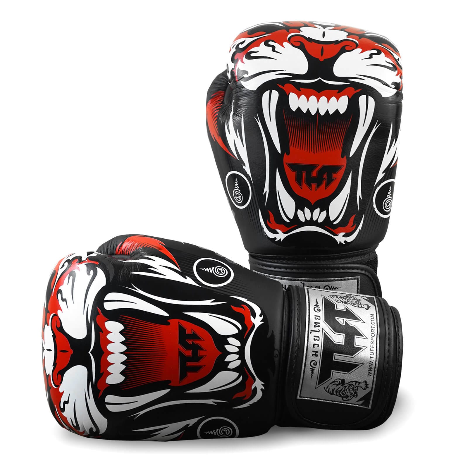 Guantoni Muay Thai Tuff Black Tiger TUF-GVM-TIGER-BLACK per allenamenti e Match di Muay Thai, Kickboxing. Guantoni in vera pelle fatti a mano in Thailandia. Guantoni Thai Tigre.