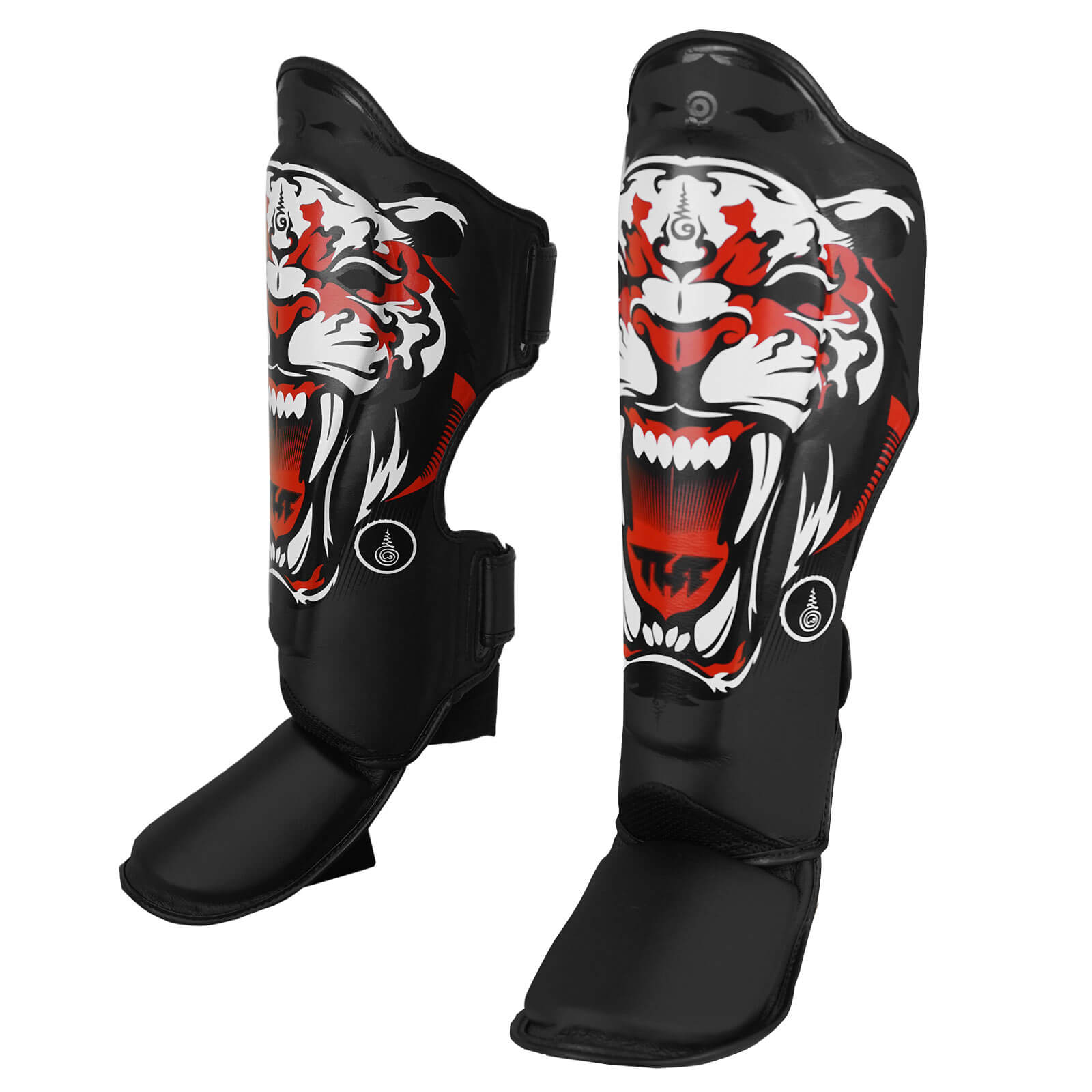 Paratibie Muay Thai Tuff Black Tiger TUF-SGM-TIGER BLACK per allenamenti di Muay Thai, Kickboxing ed MMA. Paratibie interi doppia protezioni fatti a mano in Thailandia. Copertura piede