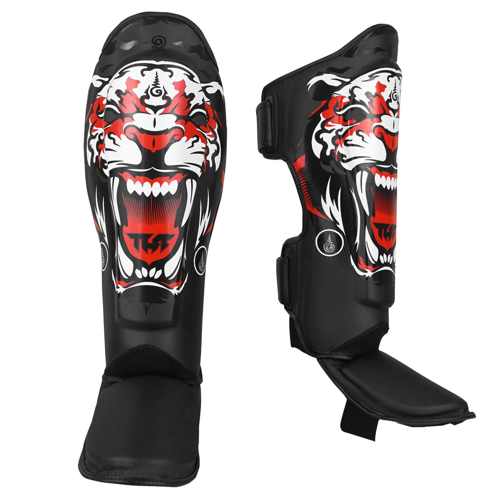 Paratibie Muay Thai Tuff Black Tiger TUF-SGM-TIGER BLACK per allenamenti di Muay Thai, Kickboxing ed MMA. Paratibie interi doppia protezioni fatti a mano in Thailandia. Copertura piede