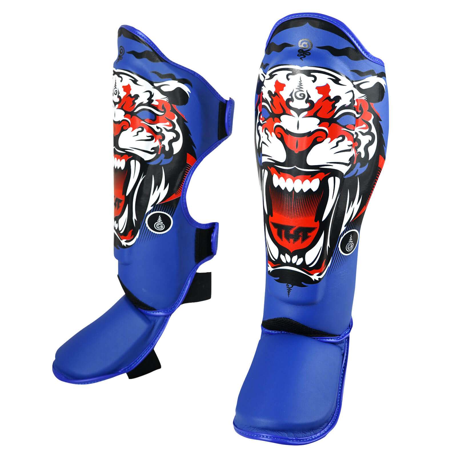 Paratibie Muay Thai Tuff Blue Tiger TUF-SGM-TIGER BLUE per allenamenti di Muay Thai, Kickboxing ed MMA. Paratibie interi doppia protezioni fatti a mano in Thailandia. Copertura piede