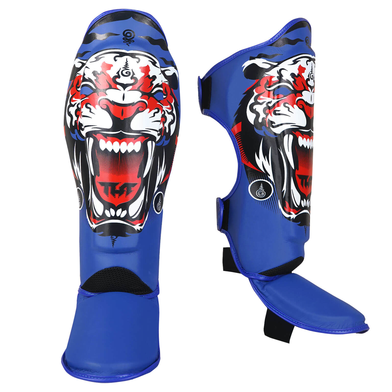Paratibie Muay Thai Tuff Blue Tiger TUF-SGM-TIGER BLUE per allenamenti di Muay Thai, Kickboxing ed MMA. Paratibie interi doppia protezioni fatti a mano in Thailandia. Copertura piede