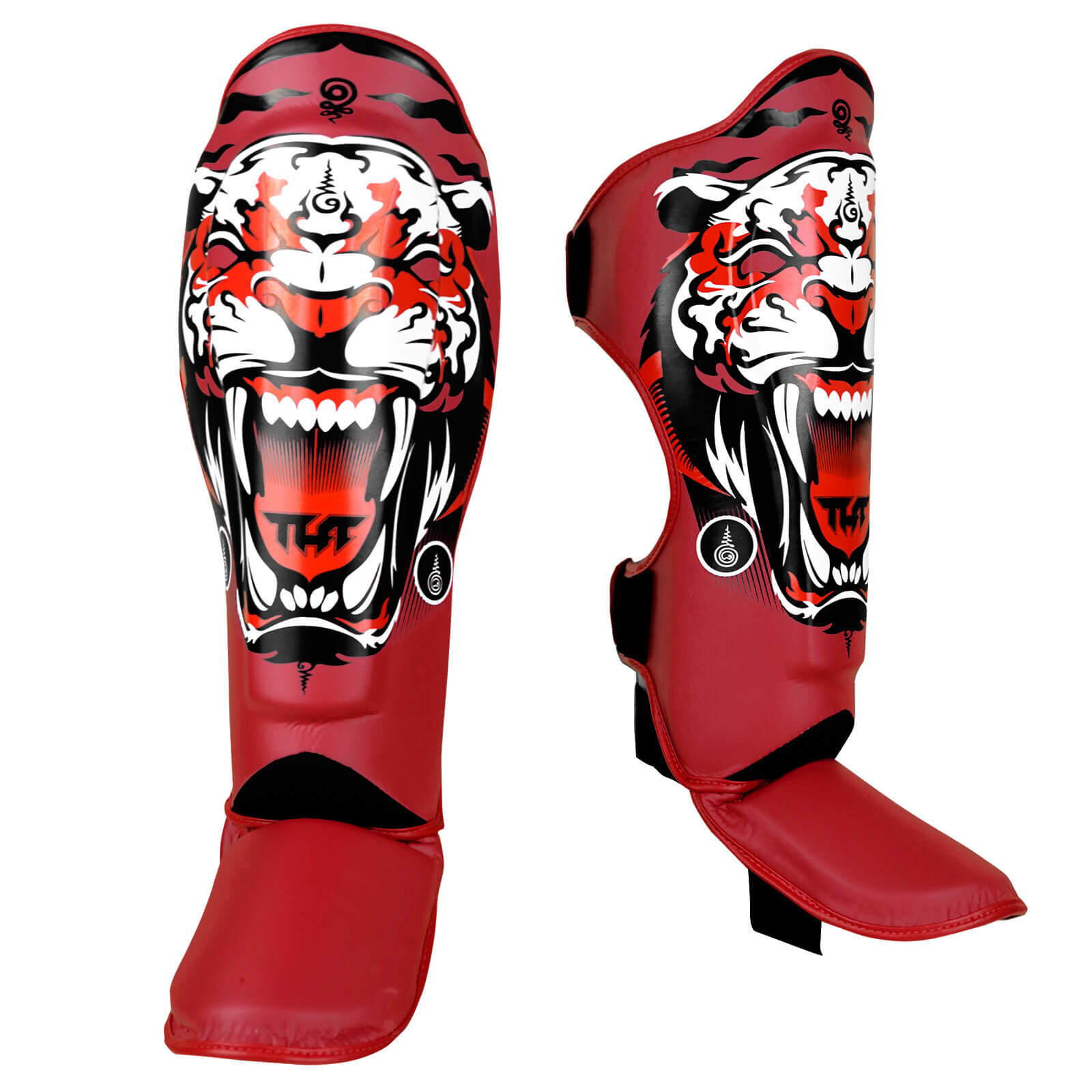 Paratibie Muay Thai Tuff Red Tiger TUF-SGM-TIGER RED per allenamenti di Muay Thai, Kickboxing ed MMA. Paratibie interi doppia protezioni fatti a mano in Thailandia. Copertura piede