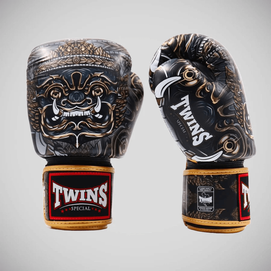 Guantoni Twins Special Yakathai nero/Oro FBGVL63 per Muay Thai, Kickboxing, Boxe. Guantoni nero oro Twins Special