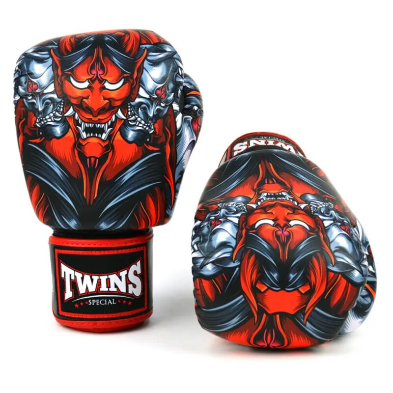 Guantoni Twins Special Kabuki nero/rosso FBGVL58 per Muay Thai, Kickboxing, Boxe. Guantoni demone nero rosso Twins Special