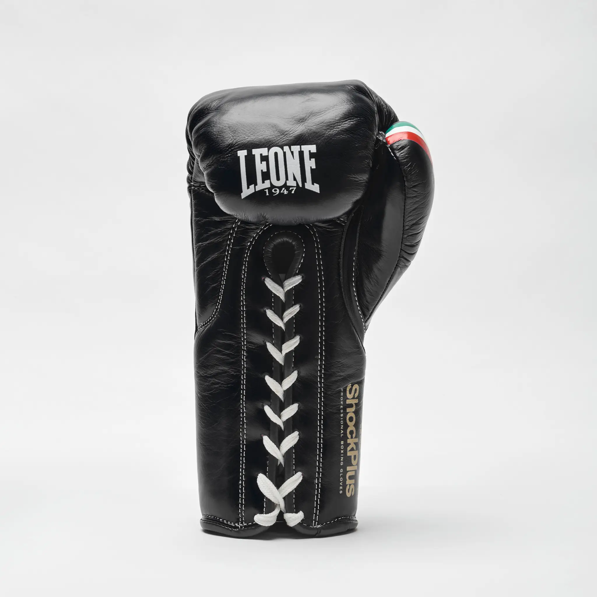 Guantoni da Boxe professionali Leone 1947 Shock Plus Nero GN102L con lacci, per competizioni di Pugilato in 8 oz e 10oz