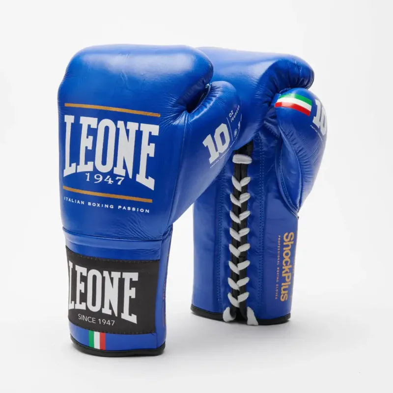 Guantoni da Boxe professionali Leone 1947 Shock Plus Blu GN102L con lacci, per competizioni di Pugilato in 8 oz e 10oz