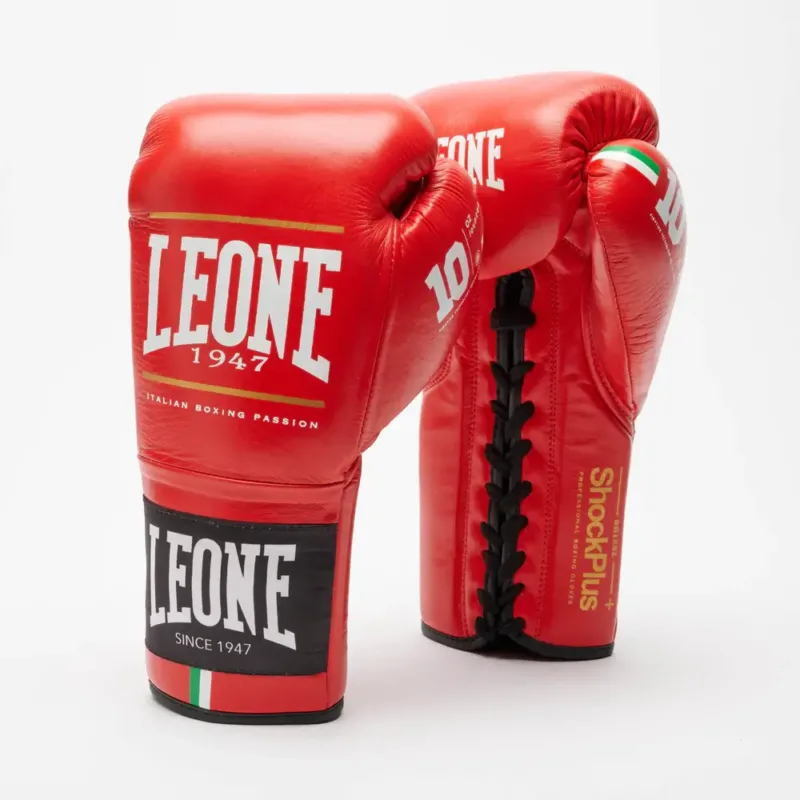 Guantoni da Boxe professionali Leone 1947 Shock Plus Rosso GN102L con lacci, per competizioni di Pugilato in 8 oz e 10oz