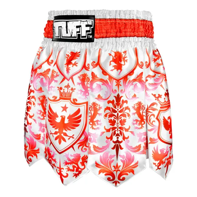 Pantaloncini Muay Thai/Kickboxing Tuff Gladiator Rosso/Bianco per K1-Kickboxing e Muay Thai. Microfiber leggero, non si attaccano. Modello Gladiatore con frange