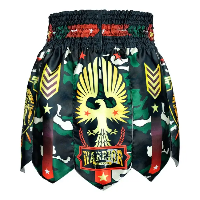 Pantaloncini Muay Thai/Kickboxing Tuff Gladiator Military Verde per K1-Kickboxing e Muay Thai. Microfiber leggero, non si attaccano. Modello Gladiatore con frange