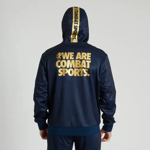 Felpa Leone 1947 DNA Blu/Oro ABX721_02 per Boxe Kickboxing e Muay Thai. Con Cappuccio e zip, in poliestere, ottima anche per il tempo libero o la sala pesi.