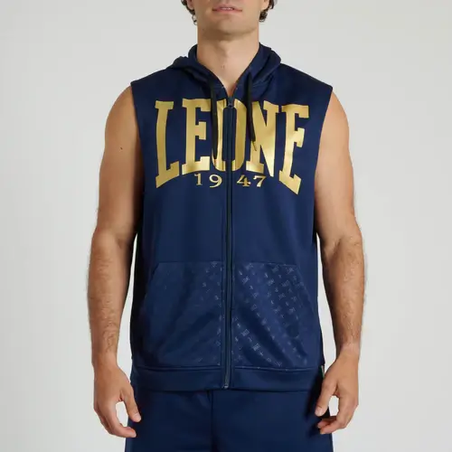 Felpa Smanicata Leone 1947 DNA Blu/Oro ABX720_02 per allenamenti e di Boxe Kickboxing e Muay Thai. Smanicata con Cappuccio in tessuto tecnico dry tech