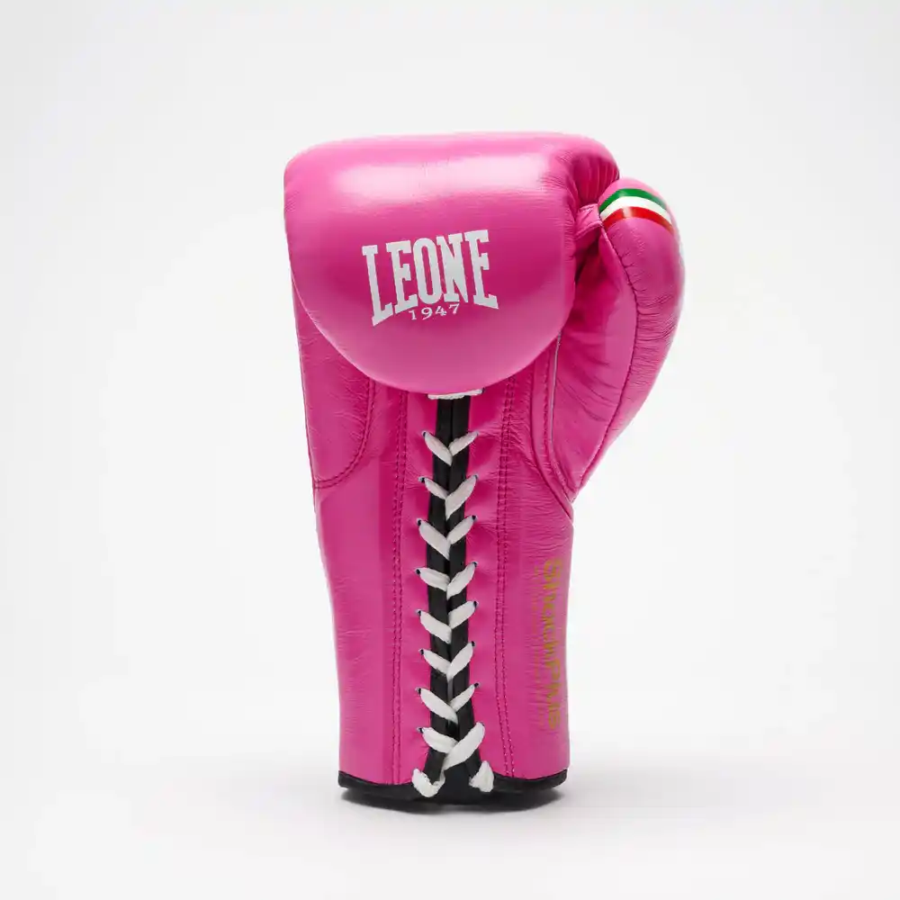 Guantoni da Boxe professionali Leone 1947 Shock Plus Fucsia GN102L con chiusura a laccio, per competizioni di Pugilato, Kickboxing e Muay Thai