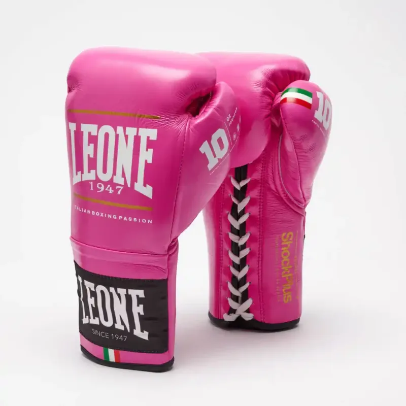 Guantoni da Boxe professionali Leone 1947 Shock Plus Fucsia GN102L con chiusura a laccio, per competizioni di Pugilato, Kickboxing e Muay Thai