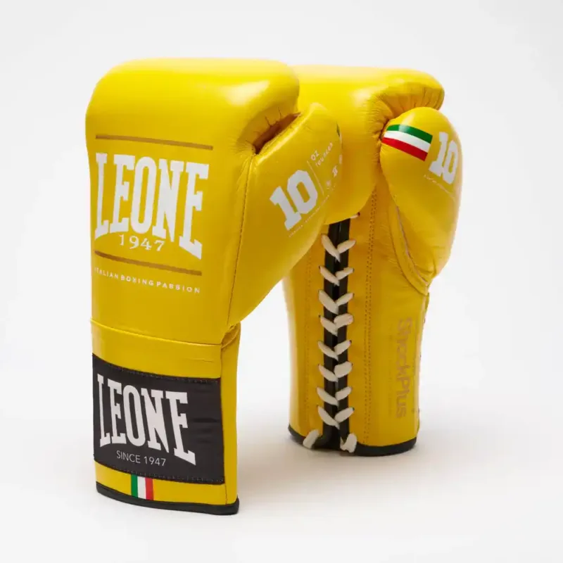 Guantoni da Boxe professionali Leone 1947 Shock Plus Giallo GN102L con chiusura a laccio, per competizioni di Pugilato, Kickboxing e Muay Thai