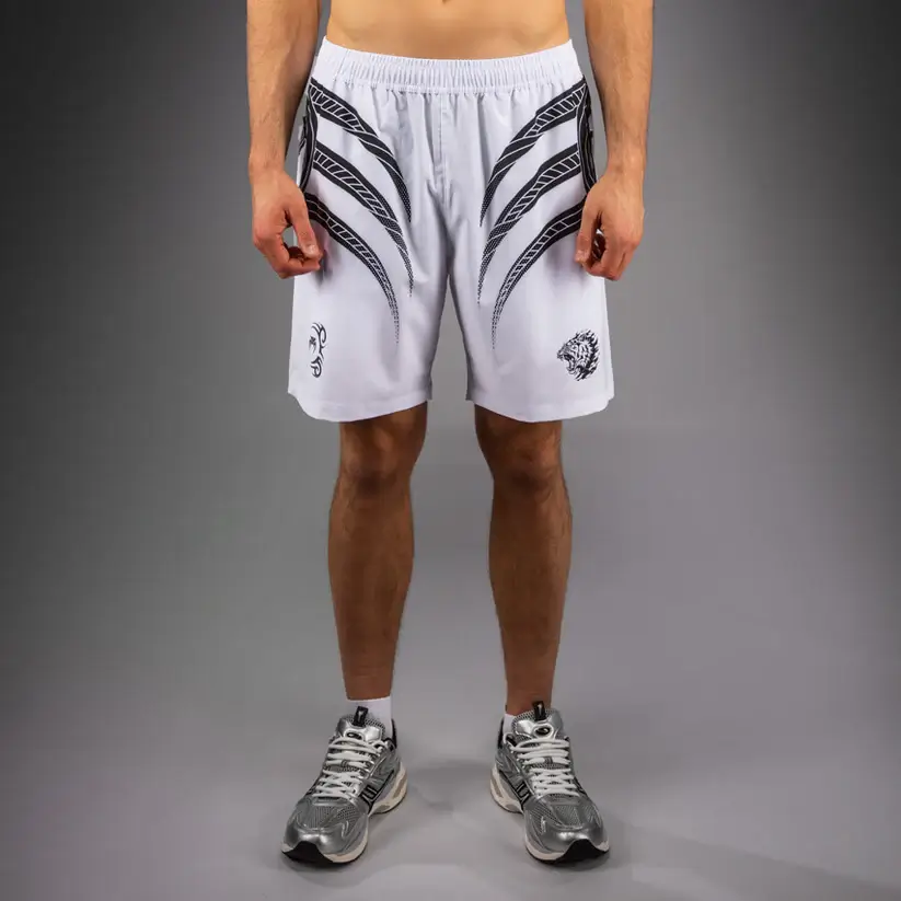 Pantaloncini da allenamento Venum Mike Tyson Tiger Bianco-Nero in tessuto tecnico e traspirante.