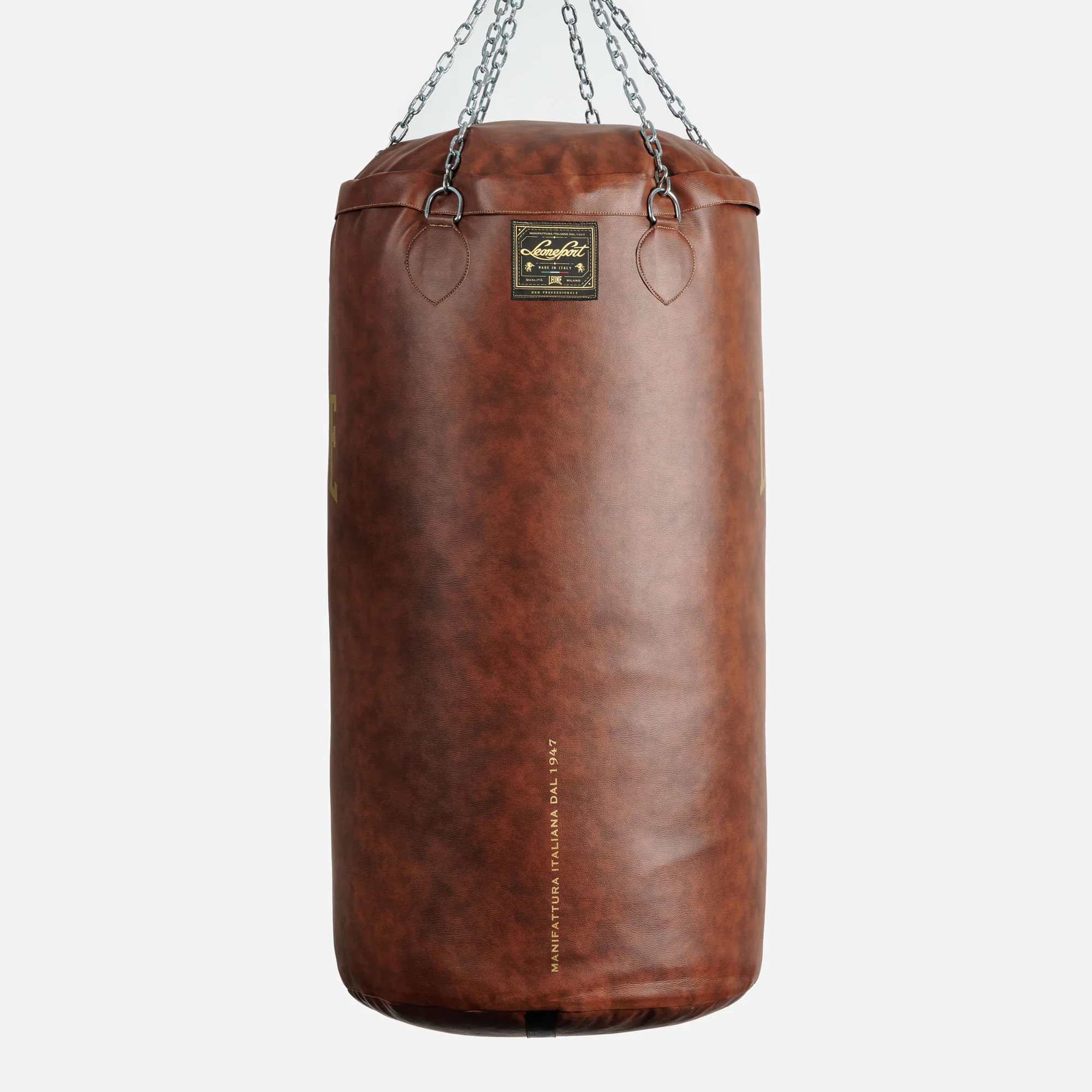 Sacco Muay Thai Lucifero Leone Sport ATU01 Marrone Vintage 95 kg per allenamenti di Muay Thai, Kikcboxing e Boxe. Sacco pesante specifico per lavoro di forza made in Italy.