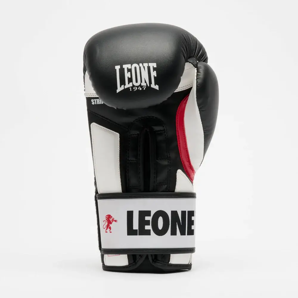 Guantoni Leone 1947 Stripe 47 Nero per principianti che praticano Pugilato, Muay Thai o Kickboxing. Chiusura con velcro e loghi e dettagli in bianco