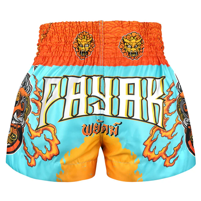 Pantaloncini Muay Thai Tuff Payak Oni Spirit Azzurro-Arancio-Giallo TPY-MS007-LTB per allenamenti e match di Muay Thai, Kickboxing. Pantaloncini Made in Thailand, comodi e leggeri realizzati in Microfiber, resistenti e durevoli. Stampa in Sublimazione.