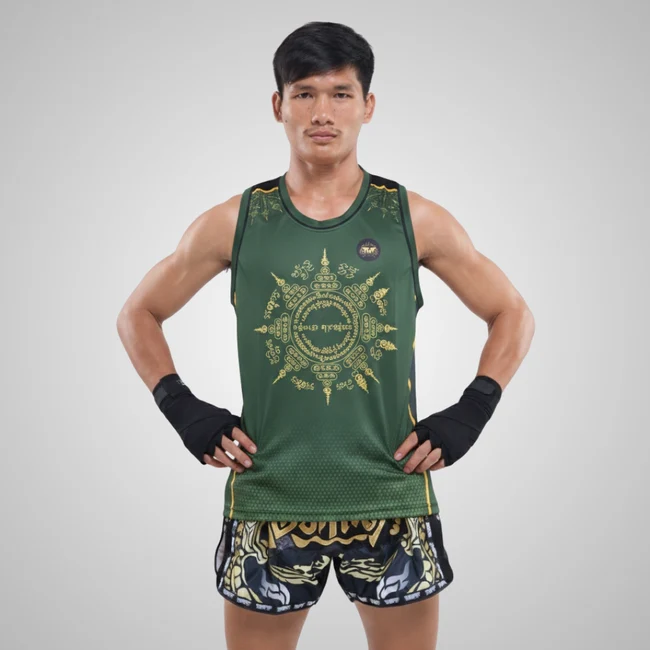 T-Shirt Smanicata Tuff The Immortal Yaksa Verde/Oro per allenamenti di Muay Thai e Kickboxing. Made in Thailand, Grafica Sublimata, qualità eccellente. Leggere e comode. TPY-TT008
