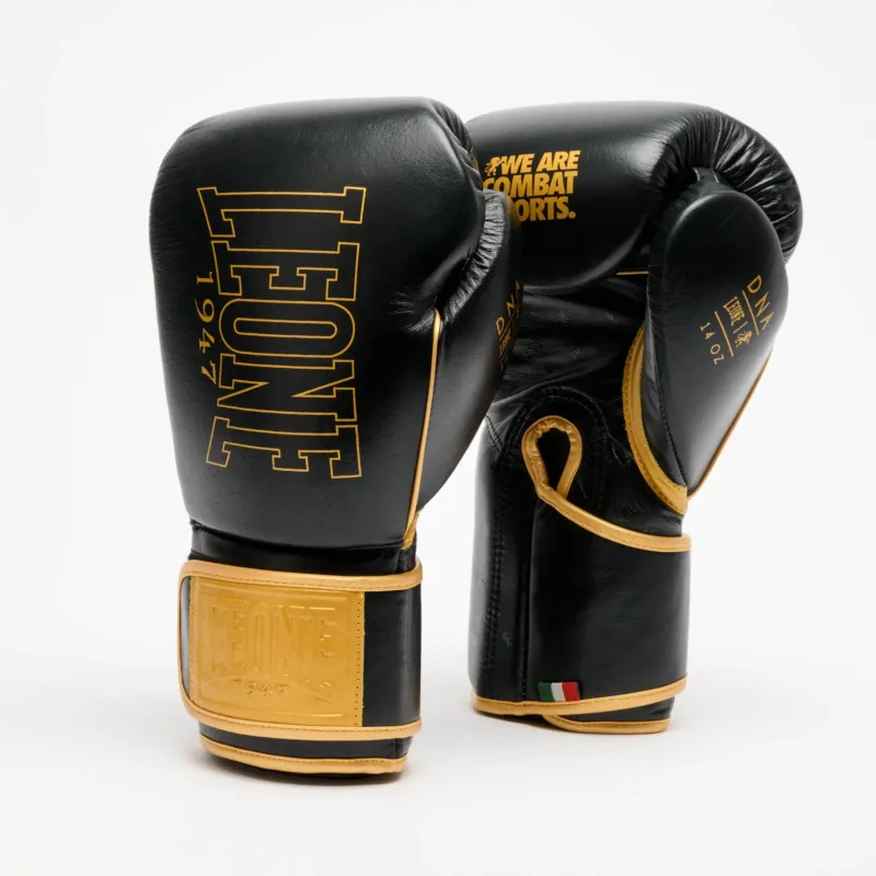 Guantoni Leone 1947 DNA Premium Nero/Oro per allenamenti e match di Boxe, Kickboxing e Muay Thai in Pelle bovina, Adatti agli agonisti.