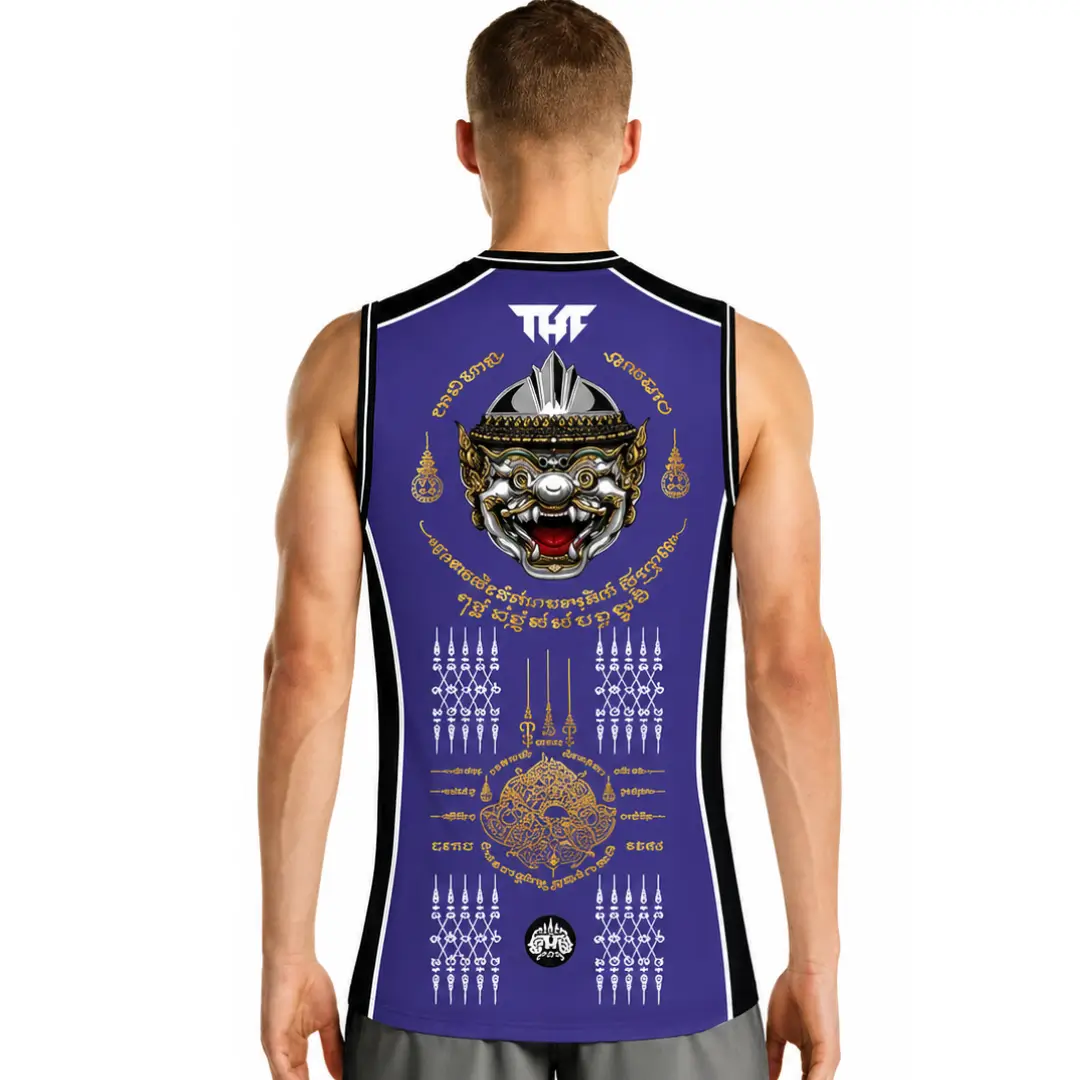 T-shirt Smanicata per Muay Thai Tuff Sacred Guardian Viola, in tessuto tecnico con grafica ispirata ai Sak Yant Thailandesi