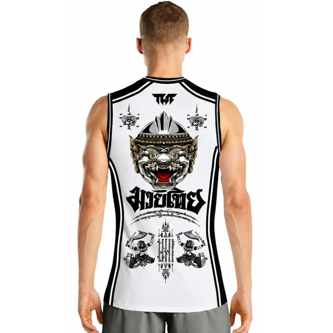 T-shirt Smanicata per Muay Thai Tuff Sacred Guardian Bianco, in tessuto tecnico con grafica ispirata ai Sak Yant Thailandesi